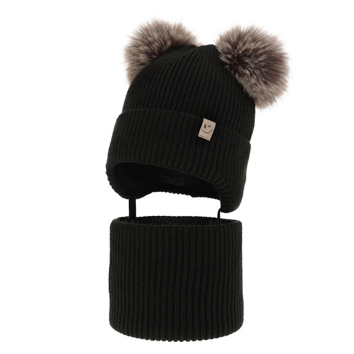 Pige vintersæt, sort, med to pomponer, med bindebånd, Zori