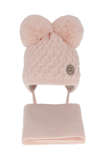 Pige vintersæt: hue og tørklæde, lysrosa, med to pomponer, med bindebånd, Anava
