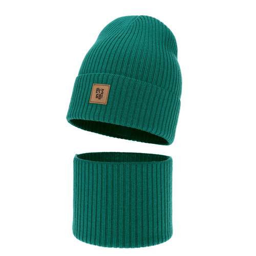 Dreng efterår/forår sæt: hue og halsvarmer, smaragdgrøn, 100% Merino uld, Vanto