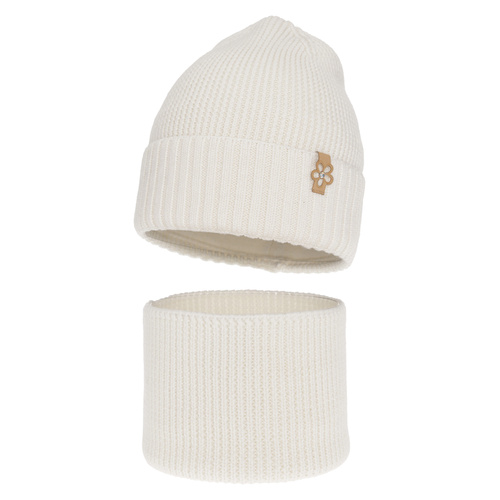 Pige vintersæt: hue og halsvarmer, hvid, 100% Merino uld, Nelita