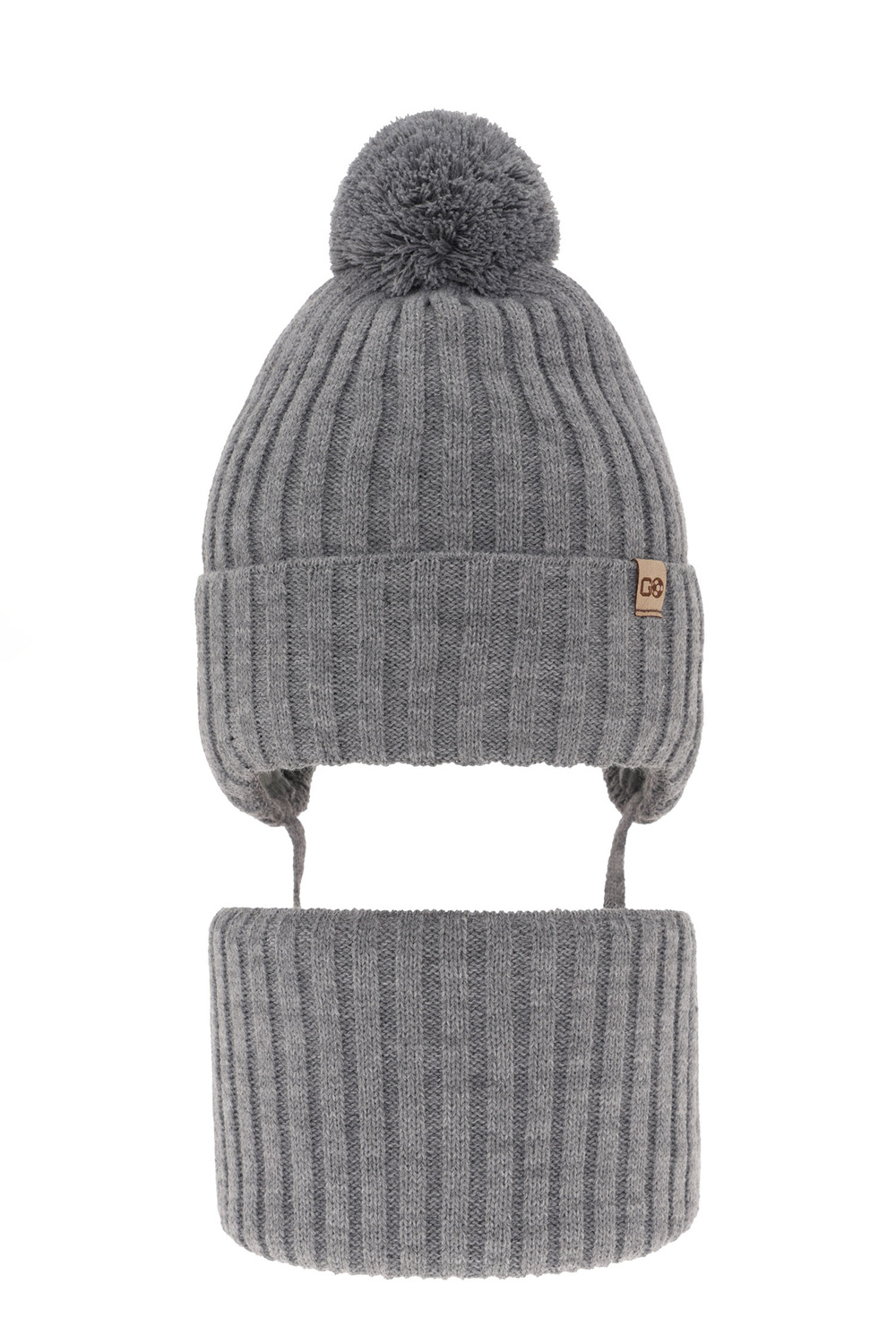 Dreng vintersæt: hue og halsrør, grå, med garn pompon, Carlo