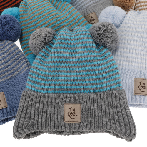 Dreng efterår/forår hue, mørkeblå, med to pomponer, med bindebånd, Laurent