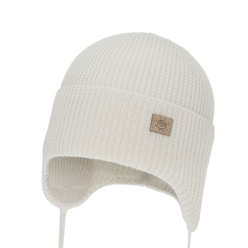 Pige vinter/efterår/forår hue, hvid, 100% Merino Uld, med bindebånd, Bafra