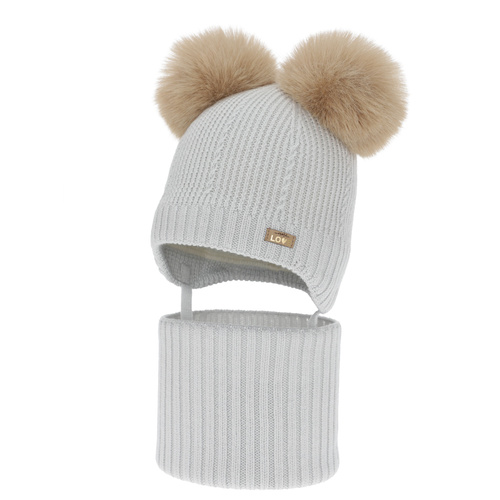 Pige hue og halsedisse, vinter sæt, grå, 100% merinould, foret med uld fleece, Lumia