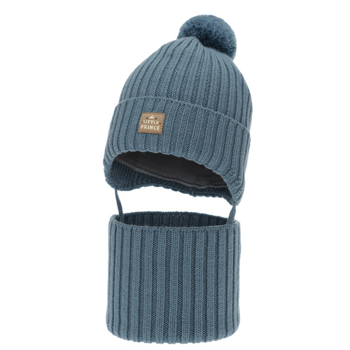 Dreng vintersæt: hue og halsvarmer, blå, 100% Merino Uld, foret med bomuld, med bindebånd, Masil