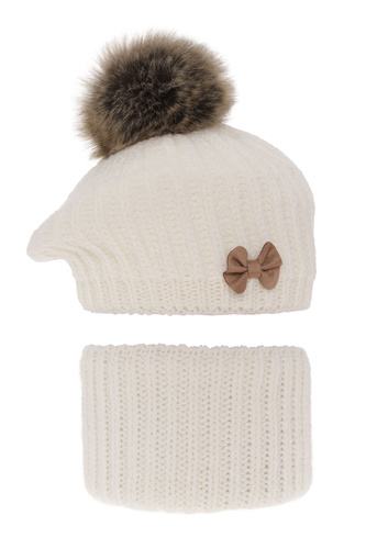 Pige vintersæt: beret og halsrør, cremefarvet, med garn pompon, Polinezja