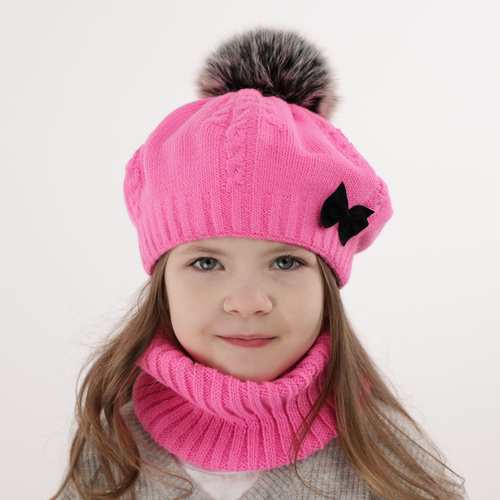 Pige vintersæt: beret og halsedisse, grå, med garn pompon, Amora
