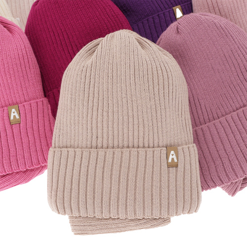 Pige vintersæt: hue og halsvarmer, beige, med merinould, foret med fleece, Peggy