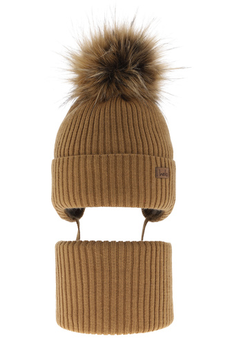 Dreng vintersæt: hue og halsrør, camel, med bindebånd, med garn pompon, Bergo