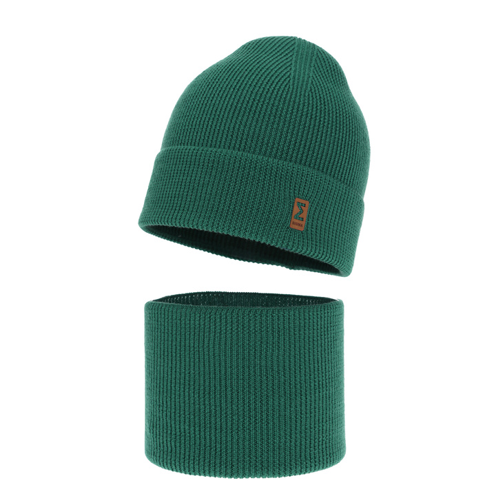 Dreng efterår/forår sæt: hue og halsvarmer, smaragdgrøn, 100% Merino Uld, Bruce