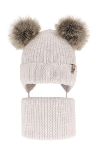 Dreng vintersæt: hue og halsvarmer, hvid, med bindebånd, med merinould, Konor