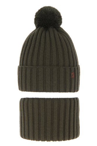 Dreng vintersæt: hue og halsrør, khaki, med garn pompon, Wiliam