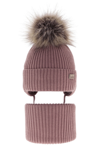 Pige vintersæt: hue og halsrør, lilla, med bindebånd, med garn pompon, Bria