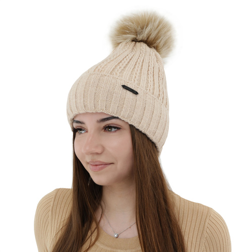 Dame vinterhue, vinter, beige, med garn pompon, Karizma