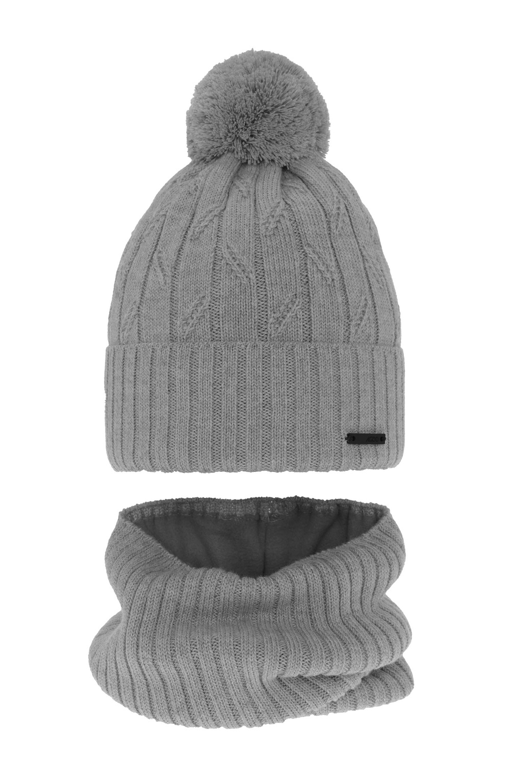 Dreng vintersæt: hue og halsrør, grå, med garn pompon, med merinould, Talar