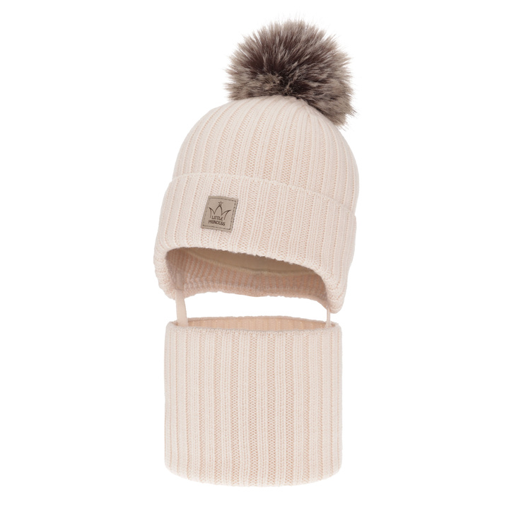 Pige vintersæt: hue og halsrør, lyserød, 100% merinould, foret med uld fleece, med garn pompon, med bindebånd, Martina