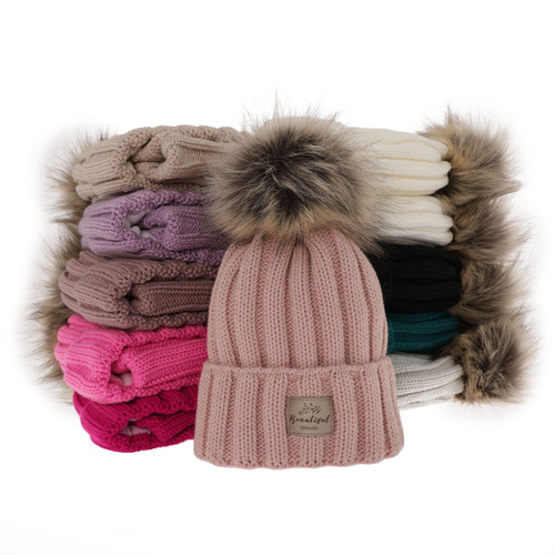 Pige vintersæt: hue og halsrør, pink, med garn pompon, Kaliope