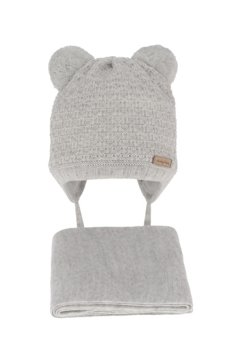 Dreng vintersæt: hue og tørklæde, grå, med to pomponer (garn), med bindebånd, Franki