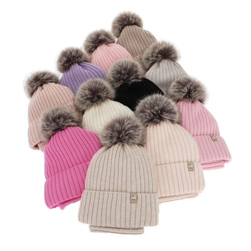 Pige vintersæt: hue og halsvarmer, rosa, 100% Merino Uld, foret med bomuld, med pompon, Terida