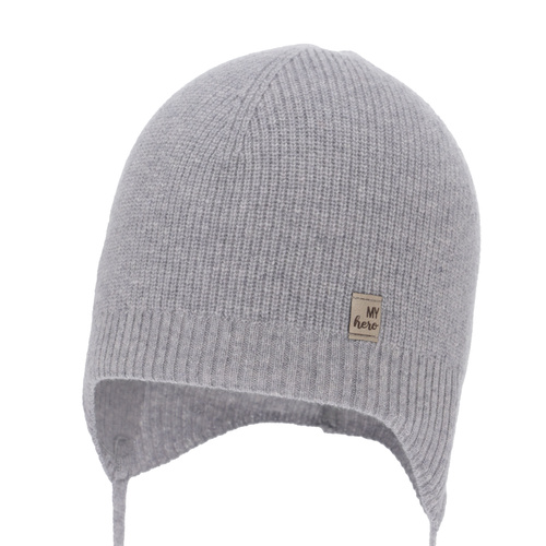 Dreng efterår/forår hue, grå, med merinould og kashmir, med bindebånd, Tono