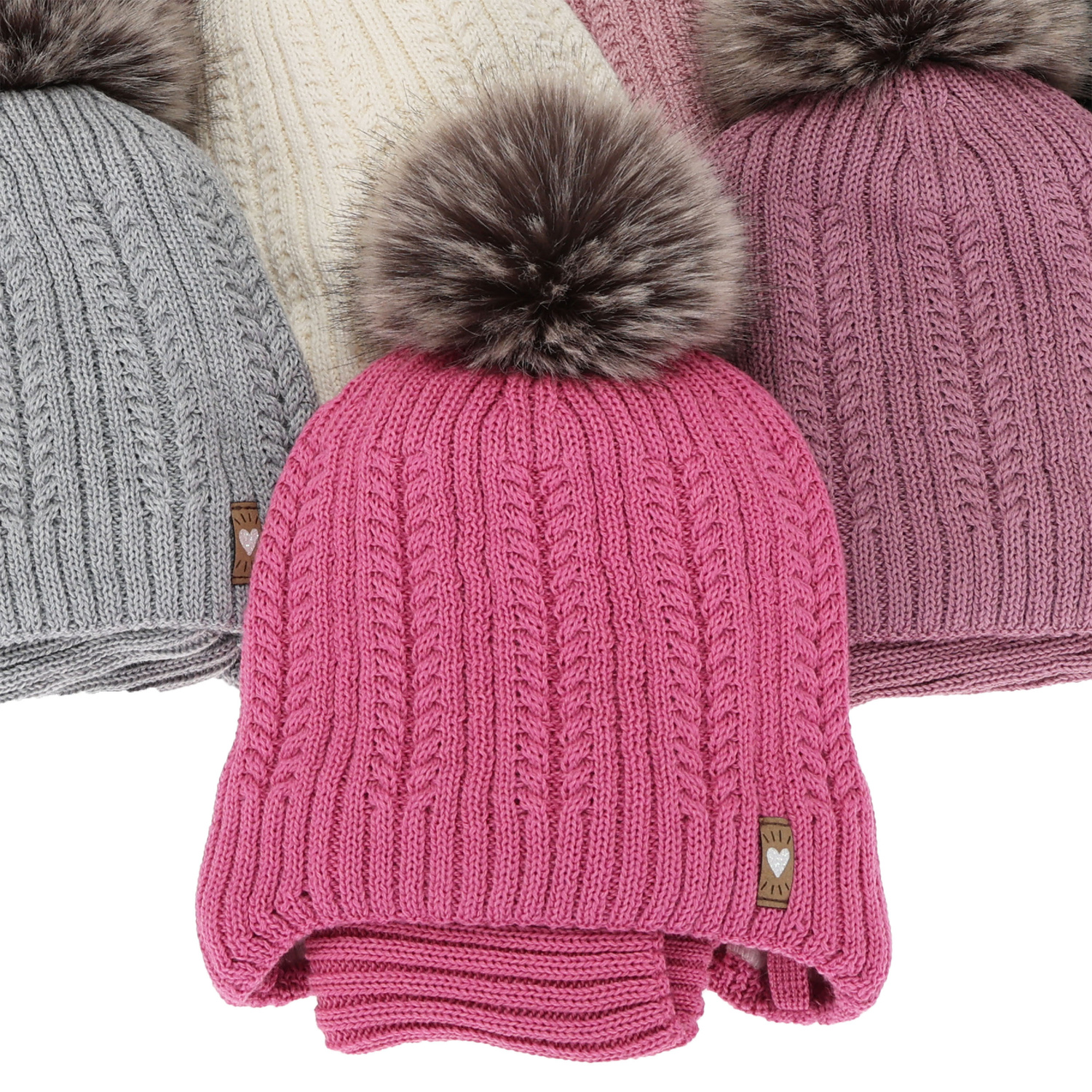 Pige vintersæt: hue og halsrør, pink, med merinould, med bindebånd, med garn pompon, Muanda