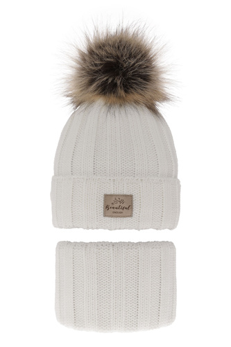 Pige vintersæt: hue og halsrør, hvid, med garn pompon, Kaliope