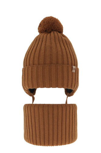 Dreng vintersæt: hue og halsrør, brun, med garn pompon, Carlo