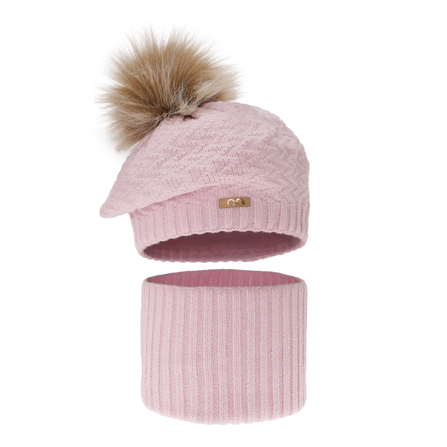 Pige vintersæt: beret og halsedisse, vinter, lilla, med garn pompon, Atene