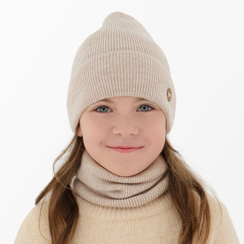 Pige efterår/forår sæt hue og halsvarmer, beige, 100% Merino uld, Brook