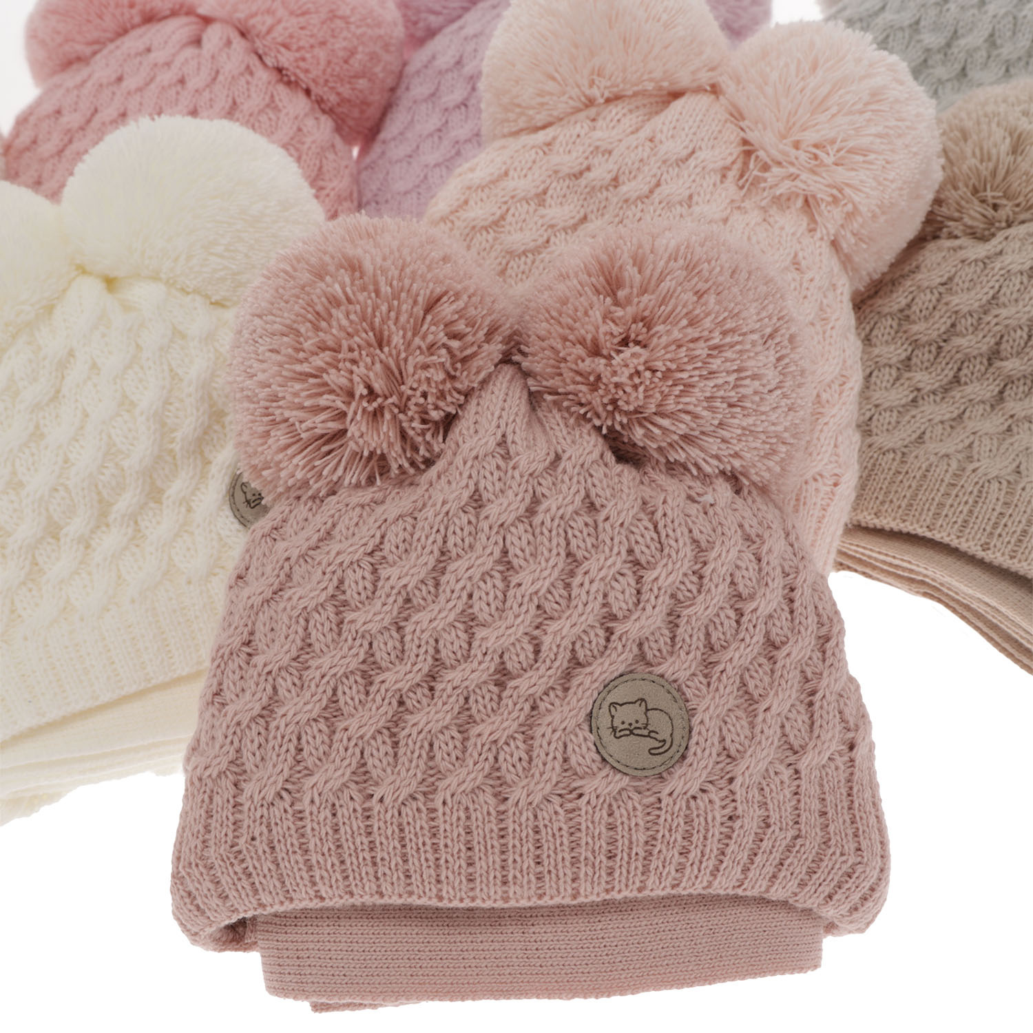 Pige vintersæt: hue og tørklæde, grå, med to pomponer (garn), med bindebånd, Anava