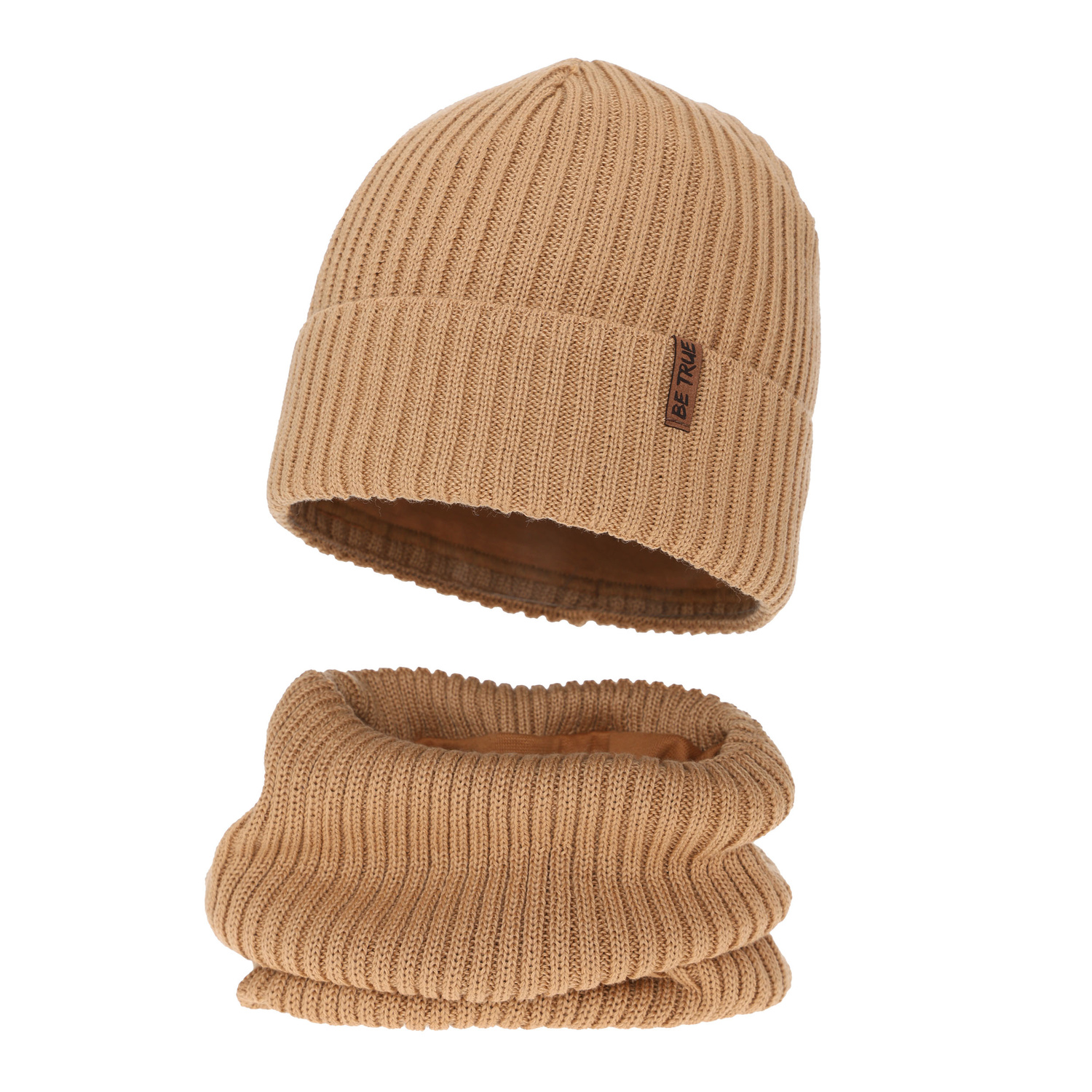 Dreng vintersæt (hue og halsvarmer), camel, foret med fleece, med merinould, Colton