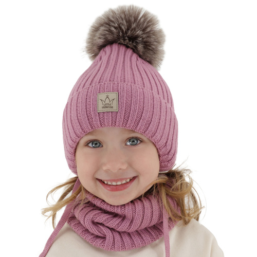 Pige vintersæt: hue og halsrør, lyserød, 100% merinould, foret med uld fleece, med garn pompon, med bindebånd, Martina