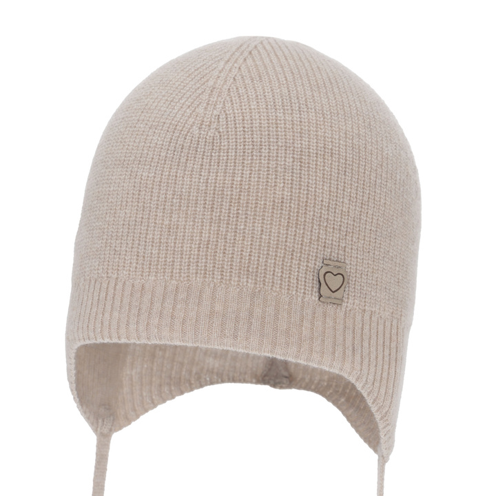 Pige efterår/forår hue, beige, med merinould og kashmir, med bindebånd, Orida