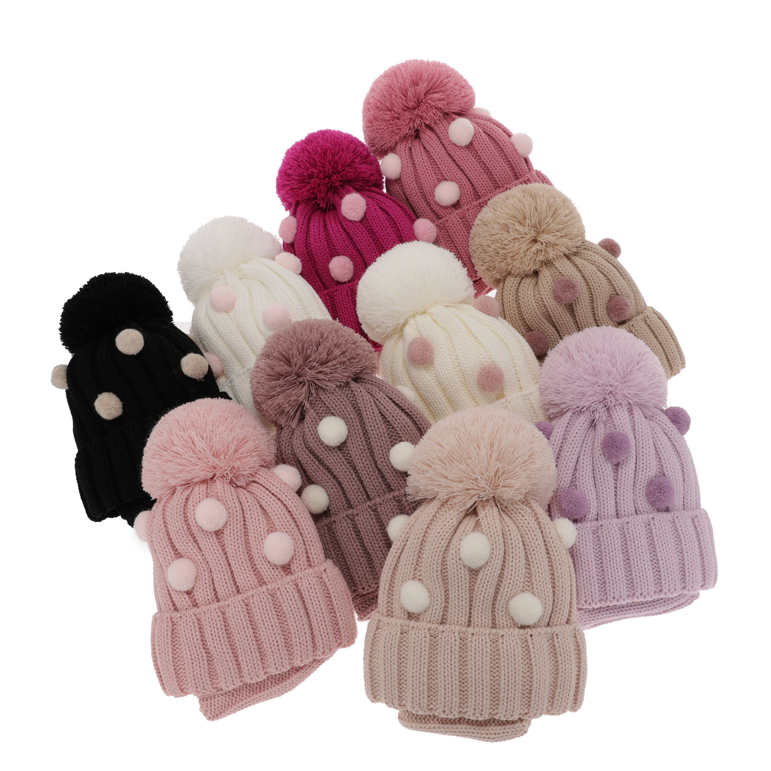 Pige vintersæt: hue og halsvarmer, beige, med garn pompon, Hekate