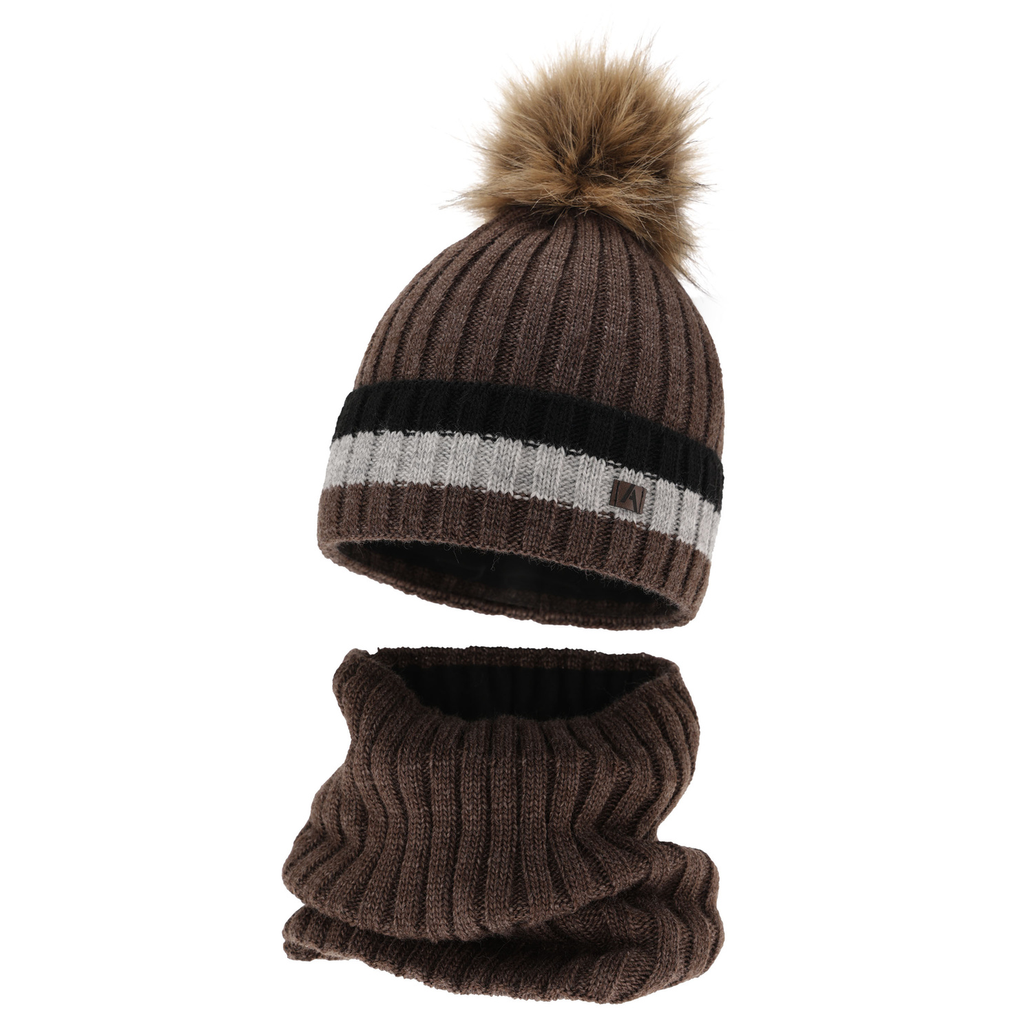Dreng vintersæt: hue og halsrør, brun, med pompon, foret med fleece, Beno
