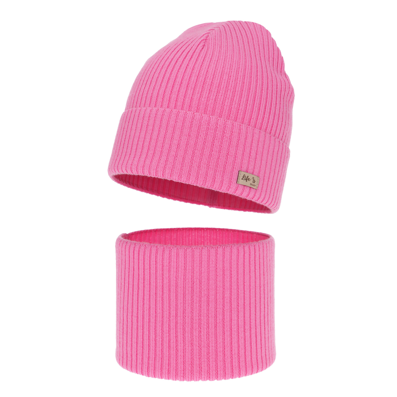 Pige efterår/forår sæt: hue og halsvarmer, rosa, med 100% Merino uld, Itra