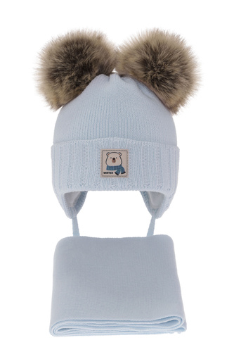 Dreng vintersæt: hue og tørklæde, blå, med to pomponer, med bindebånd, Jewel