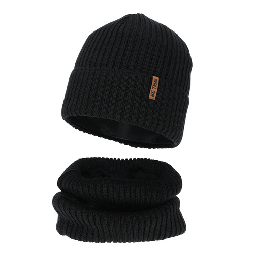 Dreng vintersæt (hue og halsvarmer), sort, med merinould, Colton