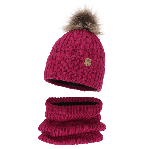 Pige vintersæt: hue og halsrør, amarant, med garn pompon, med merinould, Aprilia