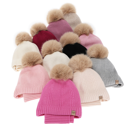 Pige vintersæt (hue og halsvarmer), amarant, 100% Merino Uld, foret med uldent fleece, med bindebånd Danielle