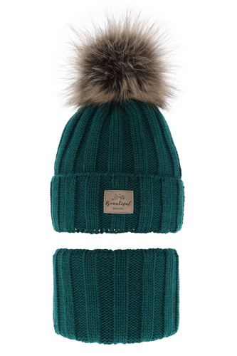 Pige vintersæt: hue og halsedisse, emerald, med garn pompon, Kaliope