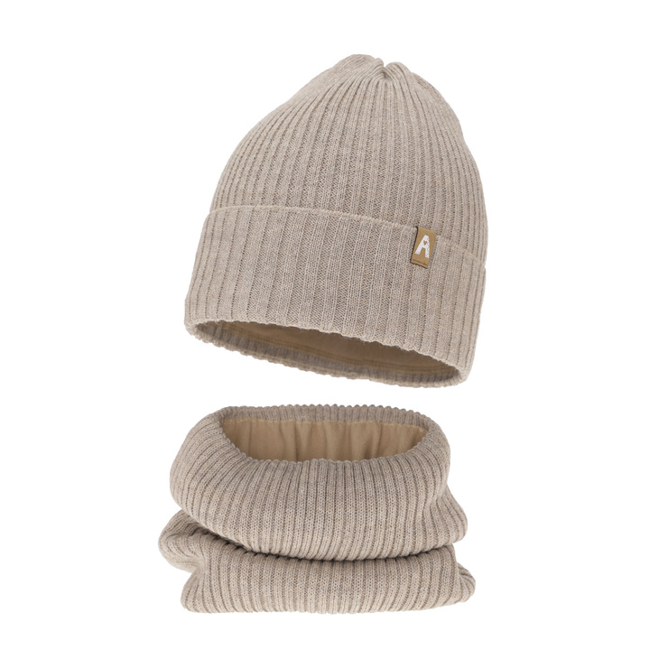 Pige vintersæt: hue og halsvarmer, beige, med merinould, foret med fleece, Peggy