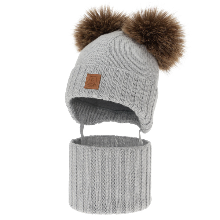 Dreng hue og halsedisse, vinter sæt, grå, 100% merinould, foret med uld fleece, Ronik