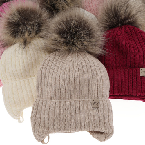 Pige vintersæt: hue og halsvarmer, pink, med merinould, med bindebånd, Junika