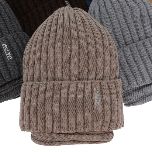 Dreng vintersæt (hue og halsvarmer), beige, med merinould, foret med fleece, Banasko