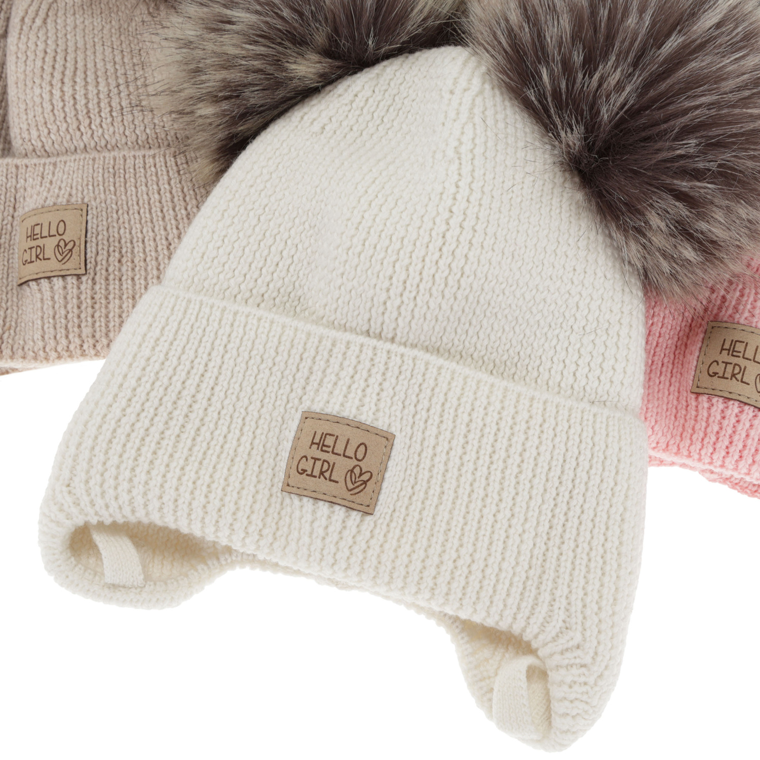 Pige vinterhue, beige, 100% Merino Uld, foret med uld fleece, med bindebånd, Trudina