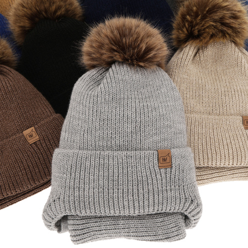Dreng vintersæt: hue og halsrør, camel, med garn pompon, med bindebånd, Zico