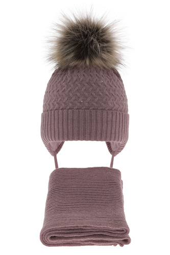 Pige vintersæt: hue og tørklæde, vinter, lilla, med garn pompon, med bindebånd, Zelta