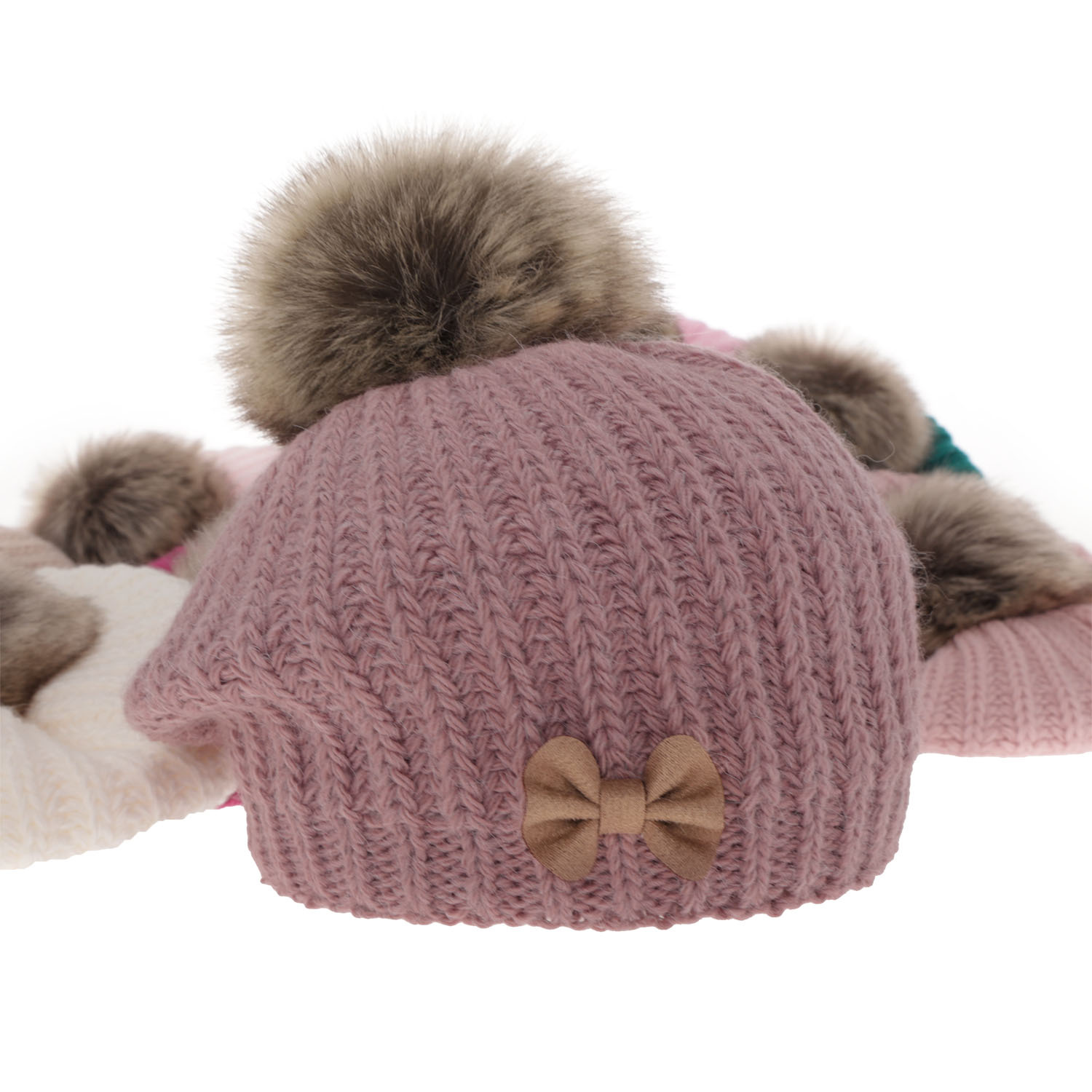 Pige vintersæt: beret og halsedisse, rosa, med garn pompon, Polinezja