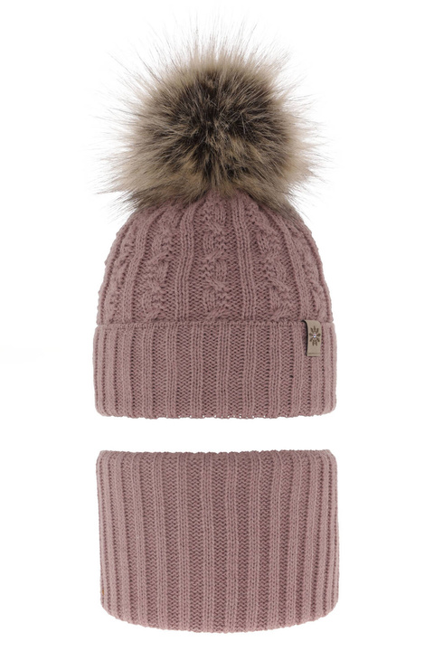 Pige vintersæt: hue og halsrør, med garn pompon, wrzosowy, Pretoria